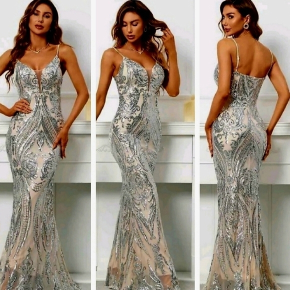 Silver, Graphic Print,  Sleeveless, V Neck ,  Backless, Contrast Sequined Gown - Picture 1 of 13